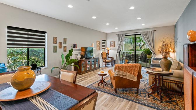 Dining room, Interior, Living room, Recessed Lighting, Wood Texture Flooring