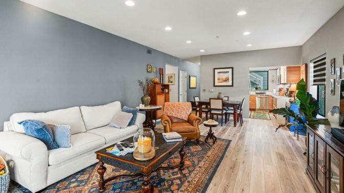 Dining room, Interior, Living room, Recessed Lighting, Wood Texture Flooring