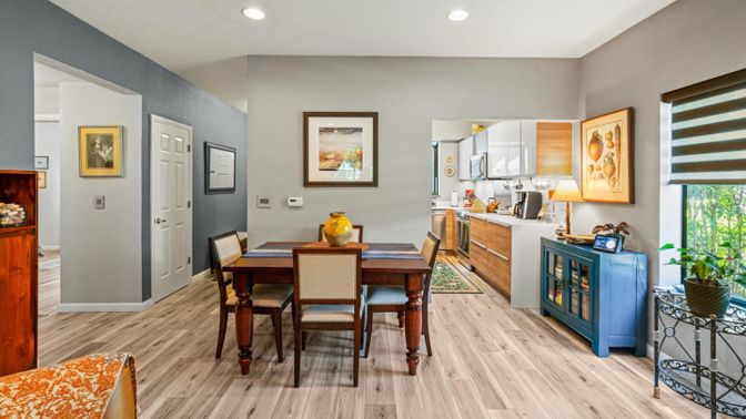 Dining room, Interior, Kitchen, Recessed Lighting, Wood Texture Flooring