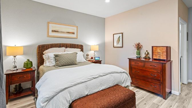 Bedroom, Interior, Recessed Lighting, Wood Texture Flooring