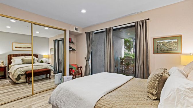Bedroom, Interior, Recessed Lighting, Wood Texture Flooring