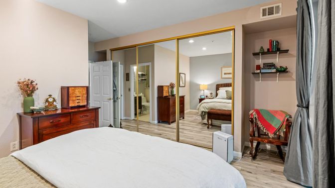 Bedroom, Interior, Recessed Lighting, Wood Texture Flooring