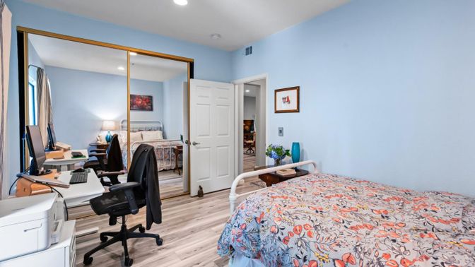 Bedroom, Home Office, Interior, Recessed Lighting, Wood Texture Flooring