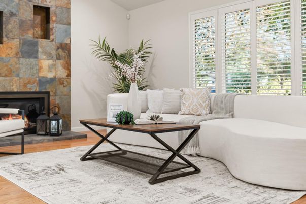 Fireplace, Interior, Living room, Stone Walls, Wood Texture Flooring