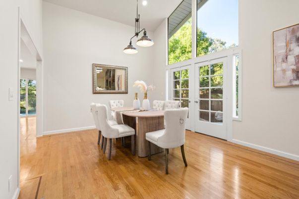 Dining room, Interior, Pendant Lights, Recessed Lighting, Wood Texture Flooring