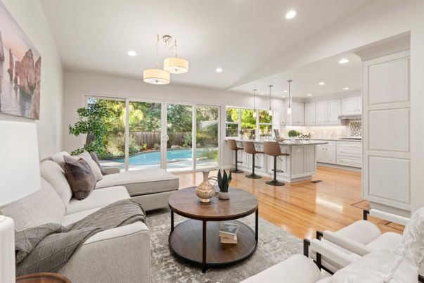 Interior, Kitchen, Living room, Pendant Lights, Recessed Lighting, Wood Texture Flooring