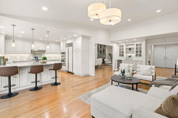 Interior, Kitchen, Living room, Pendant Lights, Recessed Lighting, Stainless Steel Appliances, Wood Texture Flooring