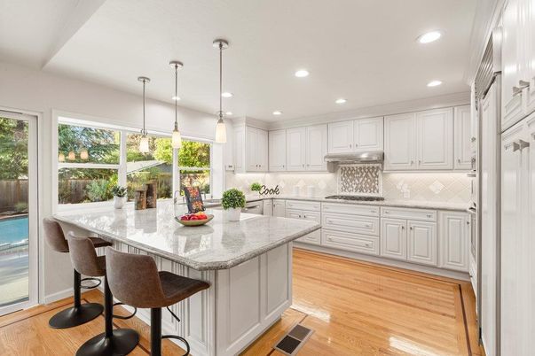 Interior, Kitchen, Pendant Lights, Recessed Lighting, Stainless Steel Appliances, Wood Texture Flooring