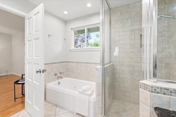 Bathroom, Glass Shower, Interior, Recessed Lighting, Wood Texture Flooring