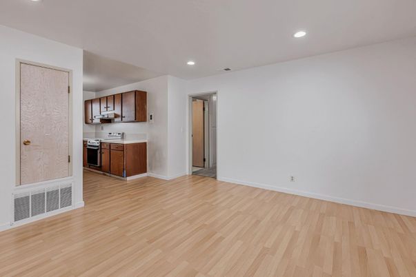 Empty room, Interior, Kitchen, Recessed Lighting, Wood Texture Flooring