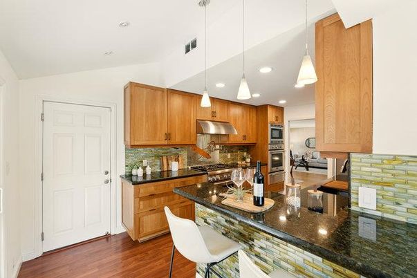 Interior, Kitchen, Pendant Lights, Recessed Lighting, Stainless Steel Appliances, Wood Texture Flooring