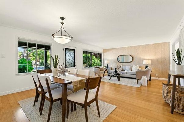 Dining room, Interior, Living room, Pendant Lights, Wood Texture Flooring