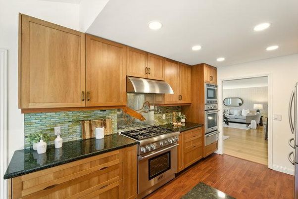 Interior, Kitchen, Living room, Recessed Lighting, Stainless Steel Appliances, Wood Texture Flooring