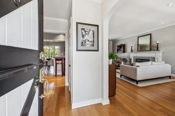 Dining room, Fireplace, Interior, Living room, Recessed Lighting, Wood Texture Flooring