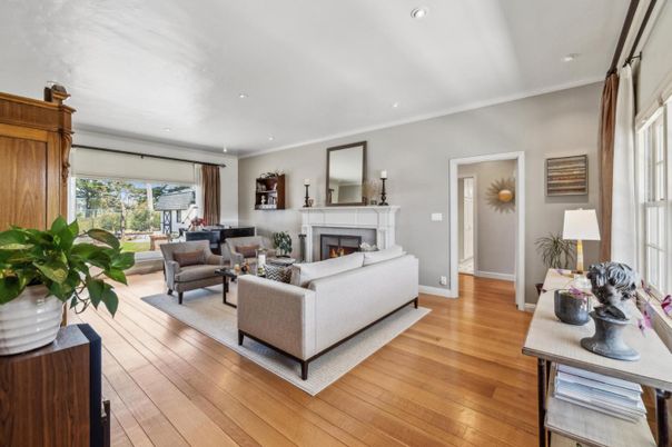 Fireplace, Interior, Living room, Piano, Recessed Lighting, Wood Texture Flooring