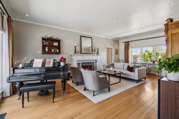 Fireplace, Interior, Living room, Piano, Recessed Lighting, Wood Texture Flooring