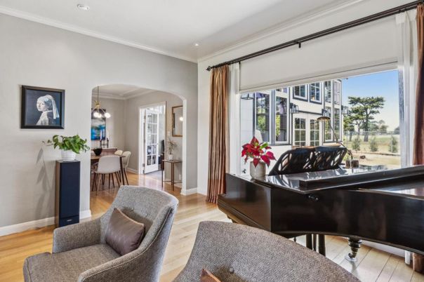 Dining room, Interior, Living room, Pendant Lights, Piano, Recessed Lighting, Wood Texture Flooring