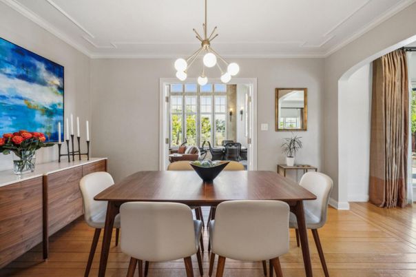 Dining room, Interior, Pendant Lights, Wood Texture Flooring