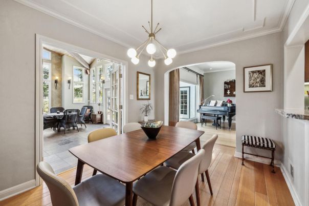 Dining room, Interior, Pendant Lights, Piano, Wood Texture Flooring