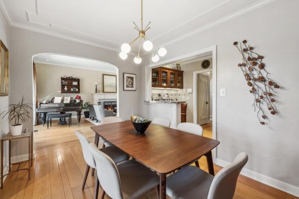 Dining room, Fireplace, Interior, Pendant Lights, Piano, Wood Texture Flooring