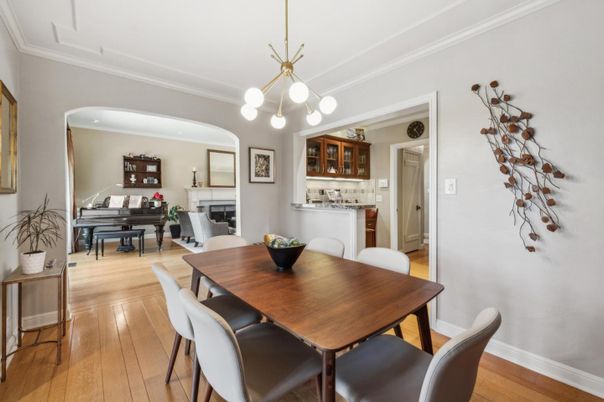 Dining room, Fireplace, Interior, Pendant Lights, Piano, Wood Texture Flooring