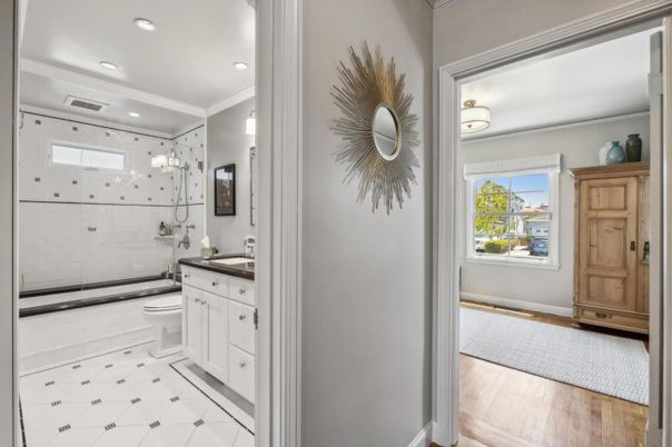 Bathroom, Glass Shower, Interior, Recessed Lighting, Wood Texture Flooring