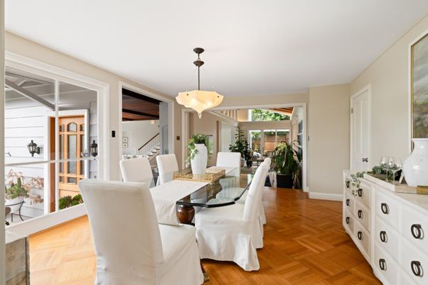 Dining room, Interior, Pendant Lights, Wood Texture Flooring