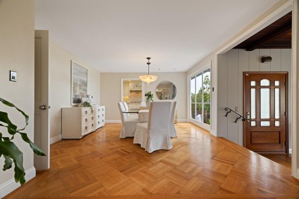 Dining room, Interior, Pendant Lights, Wood Texture Flooring