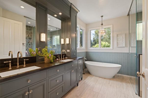 Bathroom, Dual Sink Vanities, Free Standing Baths, Glass Shower, Interior, Pendant Lights, Recessed Lighting, Wood Texture Flooring