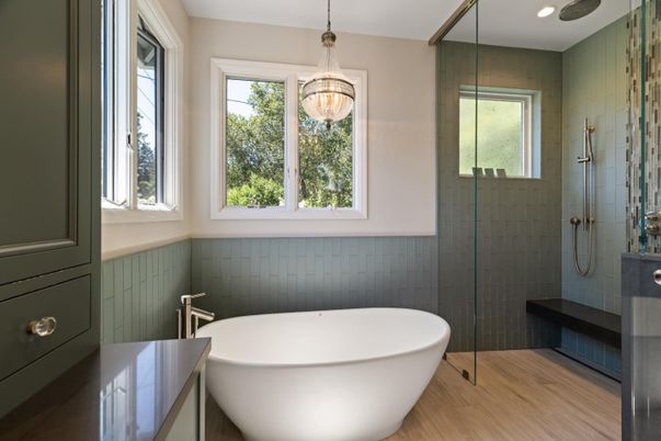 Bathroom, Free Standing Baths, Glass Shower, Interior, Pendant Lights, Recessed Lighting, Wood Texture Flooring