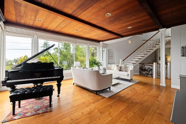 Interior, Living room, Piano, Recessed Lighting, Wooden Beams, Wooden Ceilings, Wood Texture Flooring