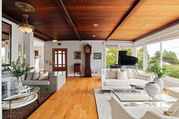 Interior, Living room, Piano, Recessed Lighting, Wooden Beams, Wooden Ceilings, Wood Texture Flooring