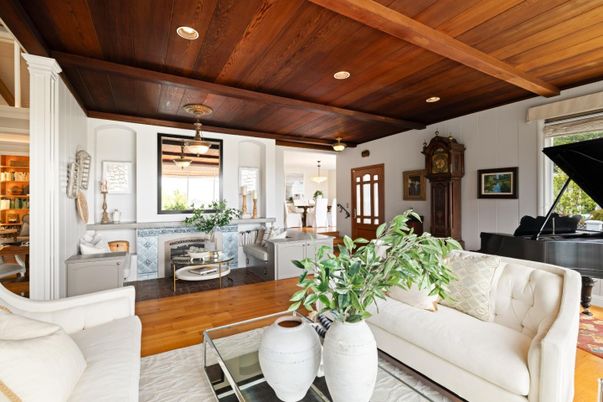 Interior, Living room, Piano, Recessed Lighting, Wooden Beams, Wooden Ceilings, Wood Texture Flooring