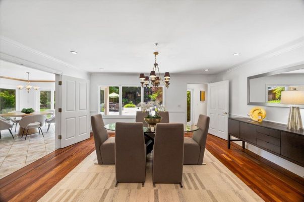 Chandelier, Dining room, Interior, Pendant Lights, Recessed Lighting, Wood Texture Flooring