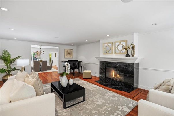 Dining room, Fireplace, Interior, Living room, Piano, Recessed Lighting, Wood Texture Flooring