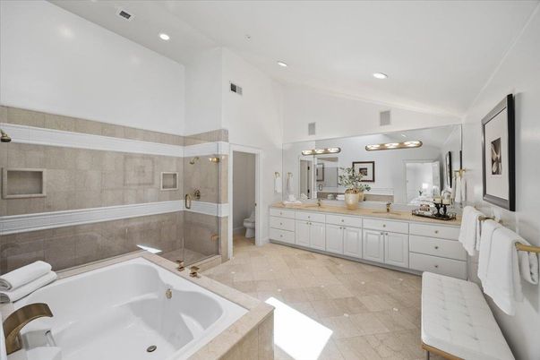 Bathroom, Dual Sink Vanities, Glass Shower, Interior, Recessed Lighting