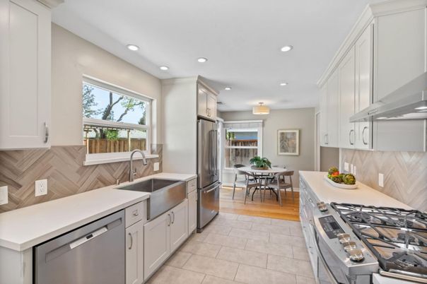 Dining room, Interior, Kitchen, Recessed Lighting, Stainless Steel Appliances, Wood Texture Flooring