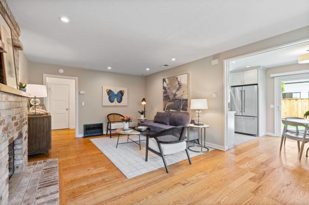 Fireplace, Interior, Kitchen, Living room, Recessed Lighting, Stone Walls, Wood Texture Flooring