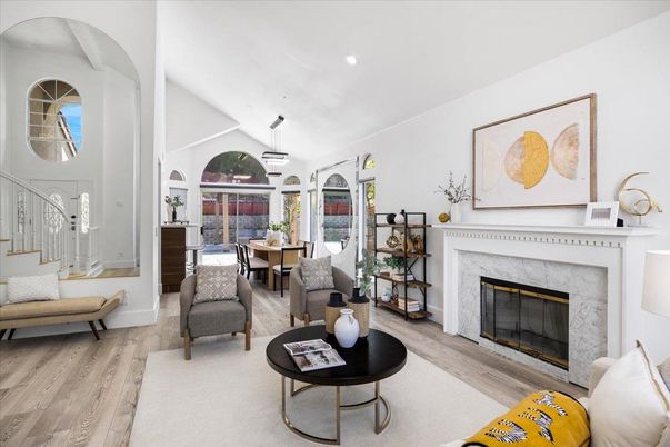 Dining room, Fireplace, Interior, Living room, Pendant Lights, Recessed Lighting, Wood Texture Flooring