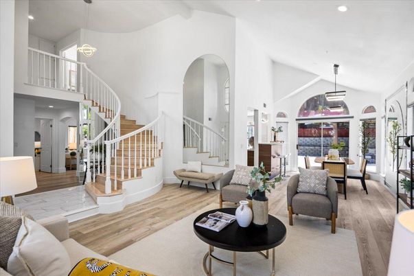 Dining room, Interior, Living room, Pendant Lights, Recessed Lighting, Wood Texture Flooring
