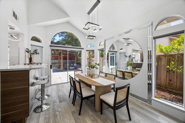Dining room, Interior, Pendant Lights, Wood Texture Flooring