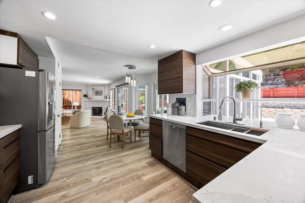 Dining room, Fireplace, Interior, Kitchen, Living room, Pendant Lights, Recessed Lighting, Wood Texture Flooring