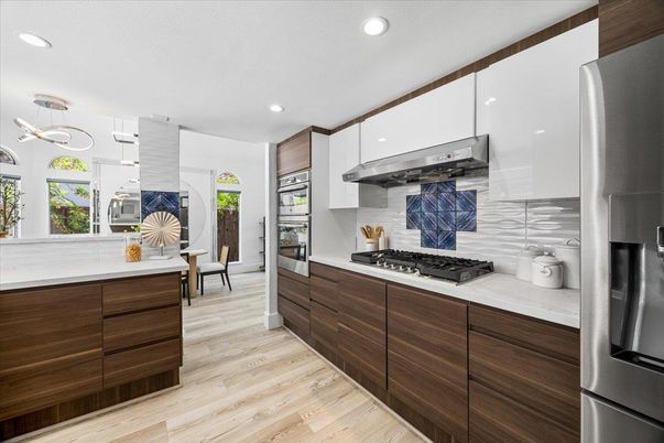 Interior, Kitchen, Pendant Lights, Recessed Lighting, Stainless Steel Appliances, Wood Texture Flooring