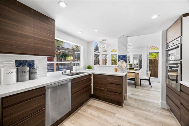 Dining room, Interior, Kitchen, Recessed Lighting, Stainless Steel Appliances, Wood Texture Flooring