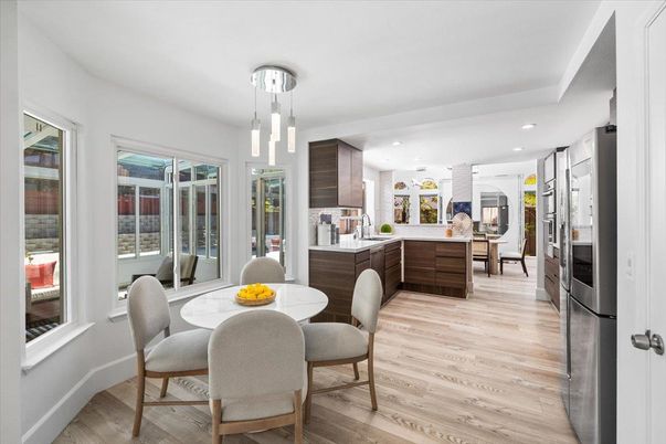 Dining room, Interior, Kitchen, Pendant Lights, Recessed Lighting, Stainless Steel Appliances, Wood Texture Flooring