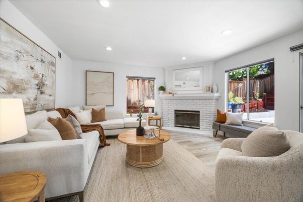 Fireplace, Interior, Living room, Recessed Lighting, Wood Texture Flooring
