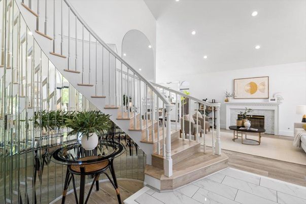 Fireplace, Interior, Marble, Recessed Lighting, Wood Texture Flooring