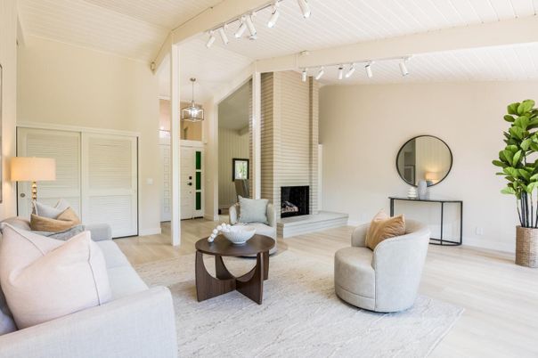 Fireplace, Interior, Living room, Pendant Lights, Wood Texture Flooring