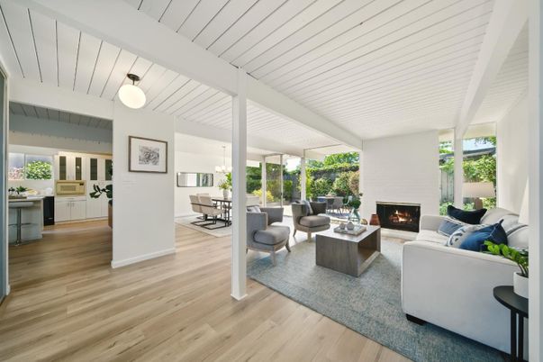 Dining room, Fireplace, Interior, Living room, Pendant Lights, Wood Texture Flooring