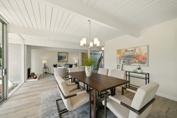 Dining room, Interior, Living room, Pendant Lights, Wood Texture Flooring